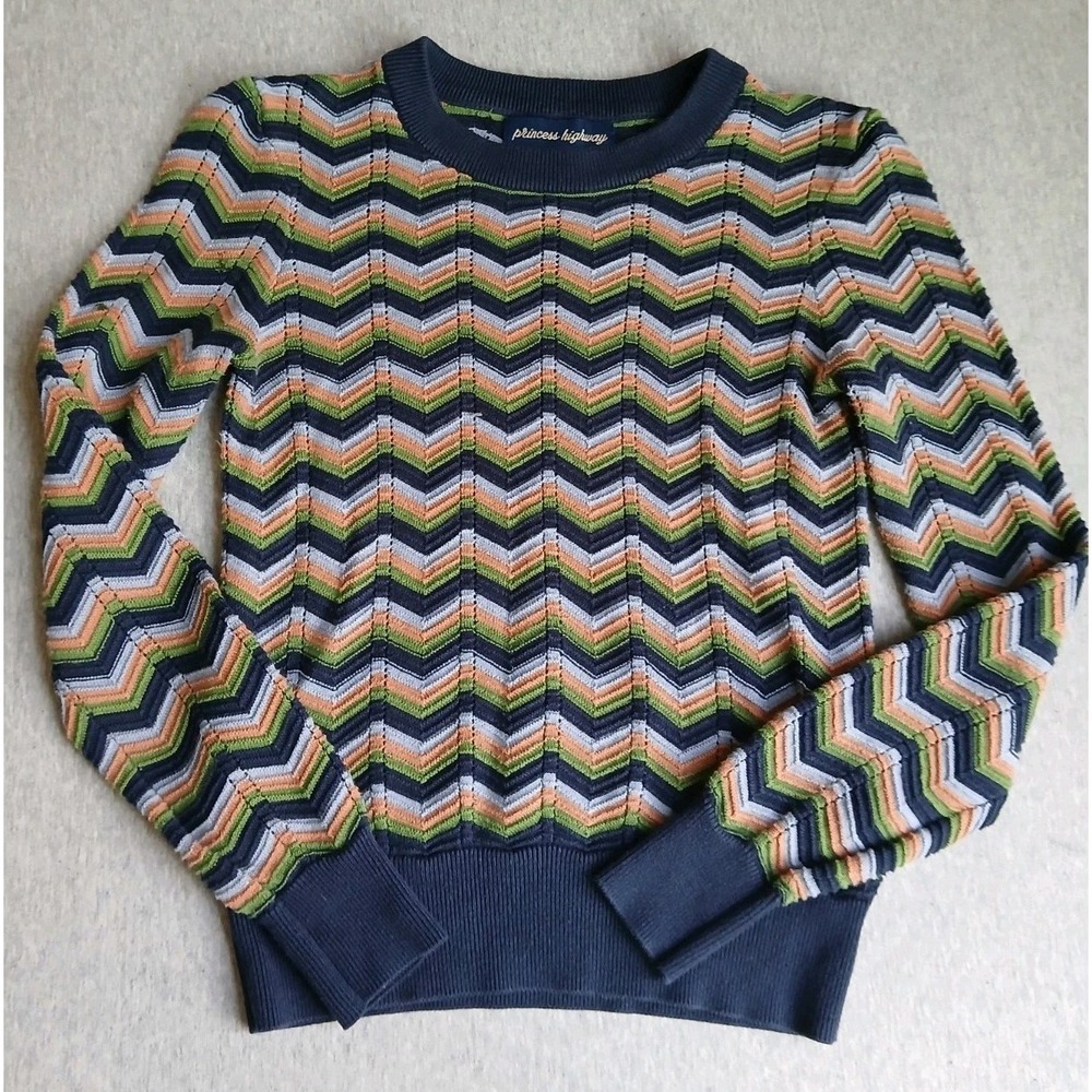 Princess Highway Sweater 6 Chevrom Pullover Puff Sleeve Retro Boho Pullover